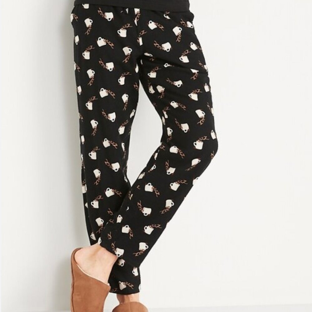 Old Navy Black Coffee Mug Print Flannel Lounge Pajama Pants with Pockets Size S